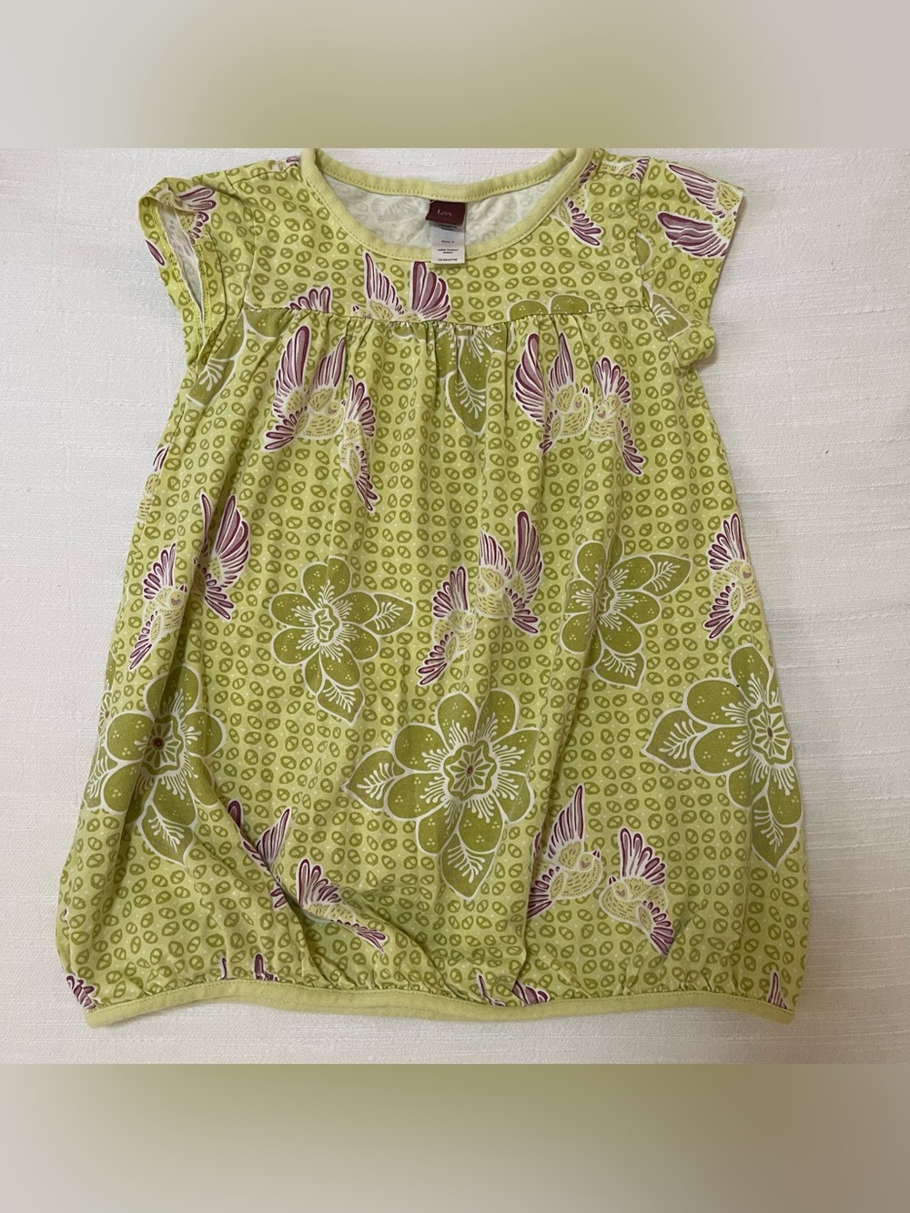 Tea Collection Girls Light Green Floral Bubble Dress with Purple Accents